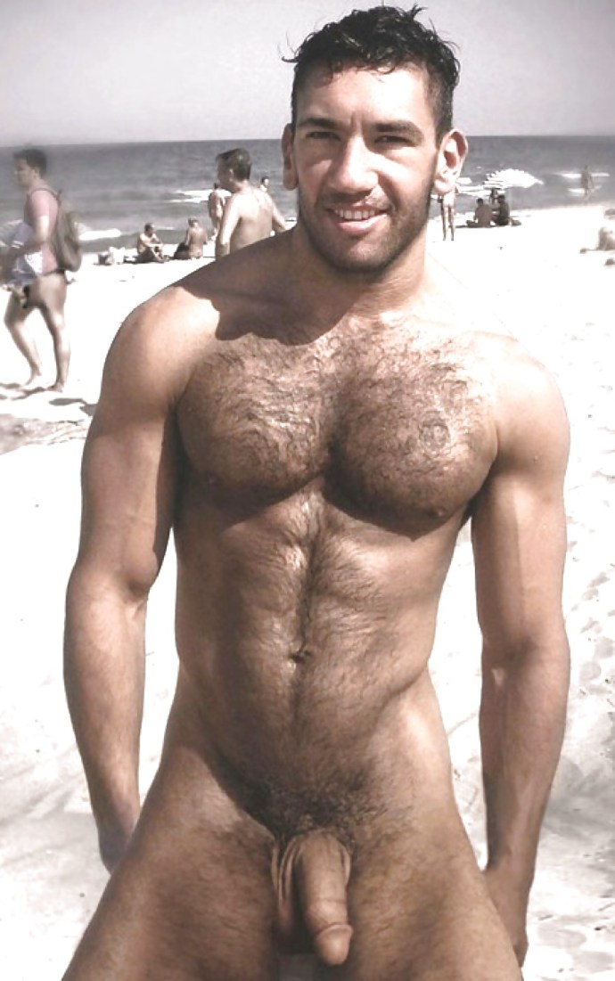 Naked hairy men on the beach