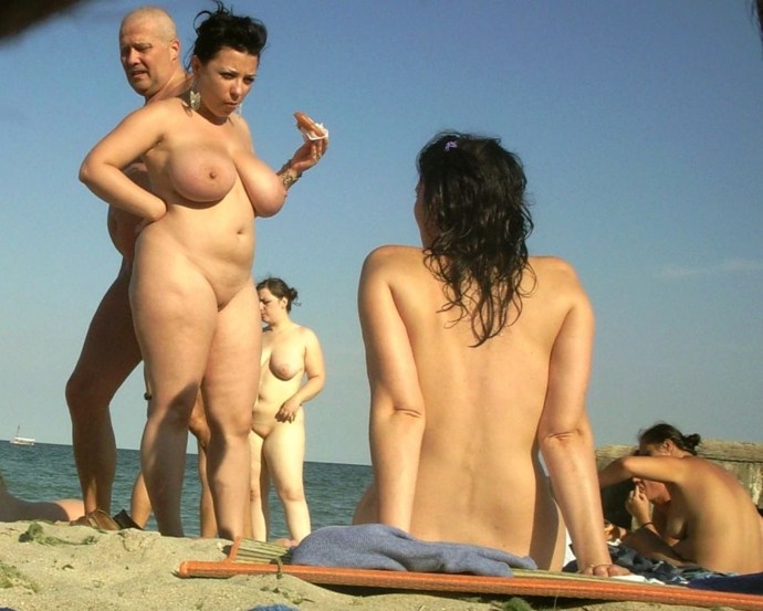 Elderly with big tits on the beach