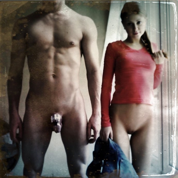 Naked men dressed women in nature