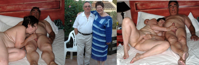 Naked elderly couples in bed